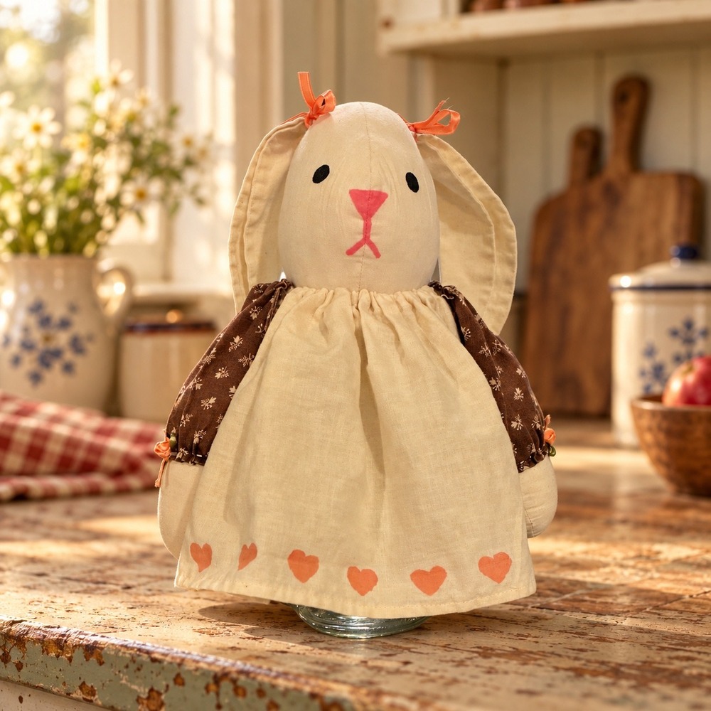 Vintage Handmade Bunny Mason Jar Topper Fabric Rabbit Country Farmhouse Decor